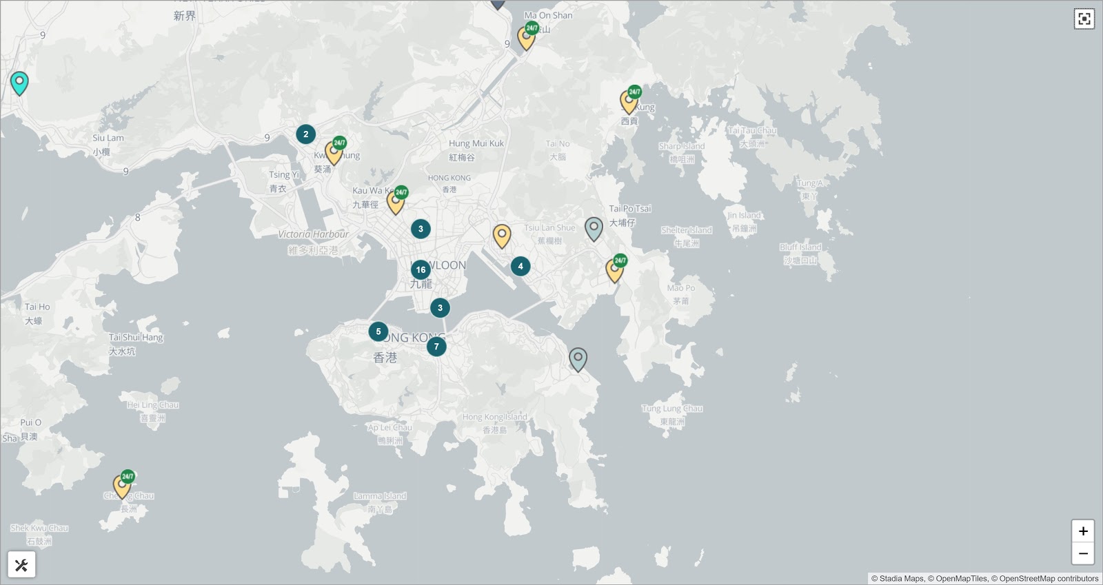 Mapa de caixas eletrônicos Bitcoin em e ao redor de Hong Kong